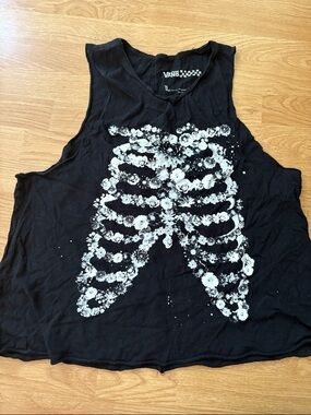 Vans Women's Black Tank with White Floral Ribcage Graphic